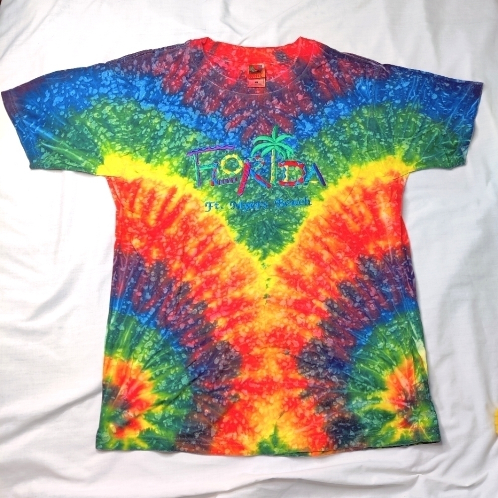 Bright Rainbow Tie Dye Tee Shirt T-shirt Florida Embroidery Sz Large - Picture 1 of 10